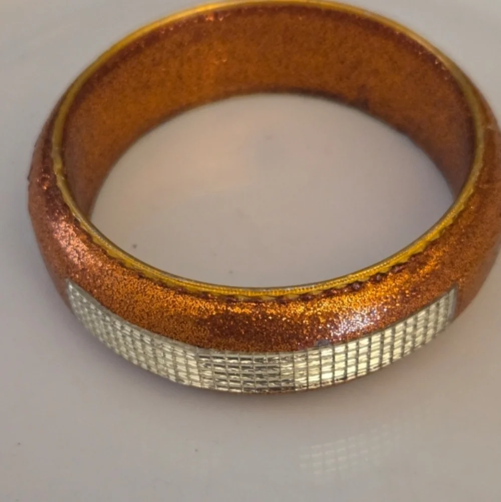 Chic Coppertone and Silver Etched Bangle Bracelet  Vintage